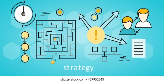 Strategy business background with different suitable elements. Square labyrinth with yellow balls on blue background. Concept of online business, business analysis, business strategy, brainstorm