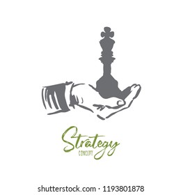 Strategy, business, chess, teamwork, plan concept. Hand drawn chess figure in hand concept sketch. Isolated vector illustration.