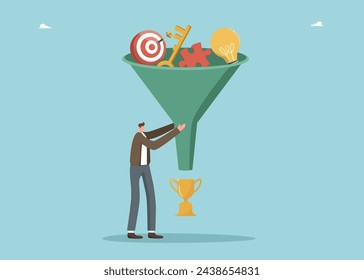 Strategy for business development and prosperity, brainstorming to achieve business goals, motivation and performance, logic and intelligence for solving problems, man using funnel makes winning cup.