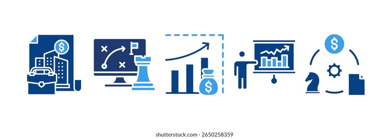 Strategy Business Icon Set Multiple Style Collection, Containing design Financial Markets, Business Model, Economist Explain, Sales Forecasting
