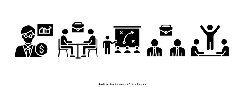 Strategy Business Icon Set Multiple Style Collection, Containing design Finance Analyst, Business Meeting, Professional Collaboration, Winning Team