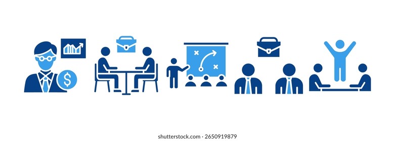 Strategy Business Icon Set Multiple Style Collection, Containing design Finance Analyst, Business Meeting, Professional Collaboration, Winning Team