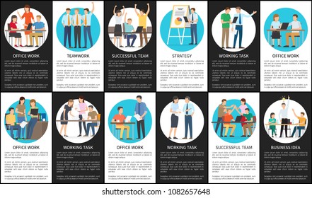 Strategy and business idea, work task successful team, posters collection, rounded images with people working on projects, vector illustration