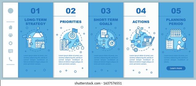 Strategy for business onboarding vector template. Priorities and actions. Corporate management. Responsive mobile website with icons. Webpage walkthrough step screens. RGB color concept