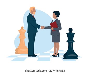 Strategy. Business people and chess stand on a chessboard. Man and woman in business suits shake hands. Office staff, worker, student, teacher. Vector image.