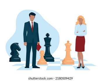 Strategy. Business people and chess stand on a chessboard. Man and woman in business suits. Office staff, worker, student, teacher. Vector image.