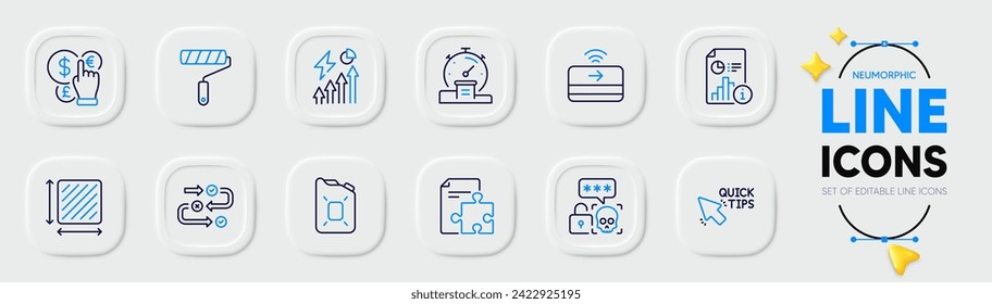 Strategy, Canister oil and Square area line icons for web app. Pack of Paint roller, Timer, Electricity consumption pictogram icons. Money currency, Contactless payment, Survey progress signs. Vector