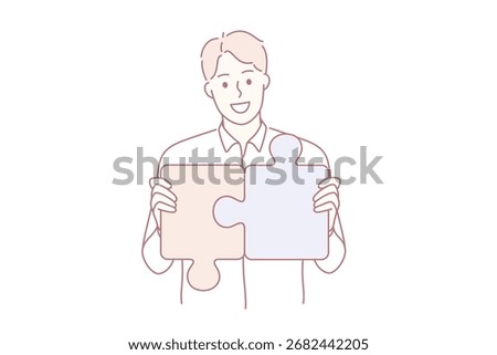 Strategy, career and development concept. Young smiling man cartoon character making pieces of puzzle together feeling confident vector illustration