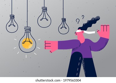 Strategy, challenge, new ideas concept. Business woman with closed eyes cartoon character walking with stretched hand trying to find best solution for business vector illustration 