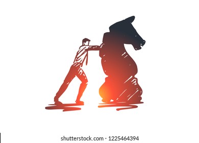 Strategy, chess, business, play, plan concept. Hand drawn businessman and chess figure horse concept sketch. Isolated vector illustration.