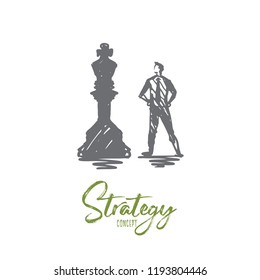 Strategy, chess, business, success, target concept. Hand drawn businessman and chess figure concept sketch. Isolated vector illustration.