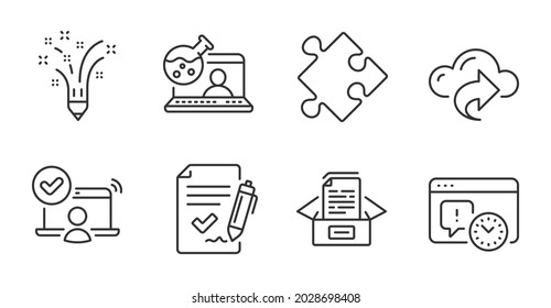Symbole für Strategie, Cloud-Freigabe und Inspiration. Dokumentenbox, Online-Zugriff und Projektzeitzeichen. Online-Chemie, genehmigte Agreement-Symbole. Symbole für Qualitätslinien. Strategieabzeichen. Vektorgrafik
