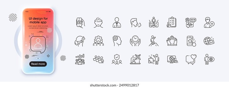 Strategy, Cogwheel and Teamwork results line icons for web app. Phone mockup gradient screen. Pack of Augmented reality, Safe time, Team work pictogram icons. Vector