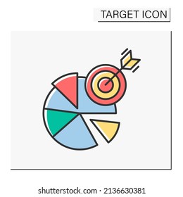 Strategy color icon. Direct hit to bully eye. Divide tasks into sectors and achieve goals.Target concept. Isolated vector illustration