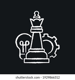 Strategy concept chalk icon. Queen with light bulb and gear. Chess idea. Vector isolated illustration.