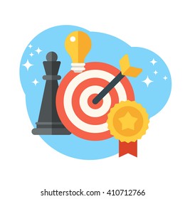 Strategy concept. Chess, target and arrow. Creative idea, targeting, achievement. Flat style vector illustration