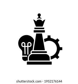 Strategy concept glyph icon. Queen with light bulb and gear. Chess idea. Vector isolated illustration.