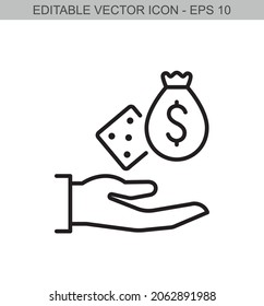 Strategy concept with hand, dice and money pack. Editable stroke line icon. Vector illustration.