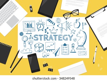 Strategy concept with hand drawing icons and flat stylish objects on desk.
