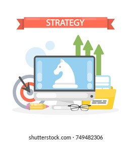 Strategy concept illustration. Chess figure on the screen with target.