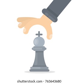 Strategy concept illustration. Hand holding chess figure.