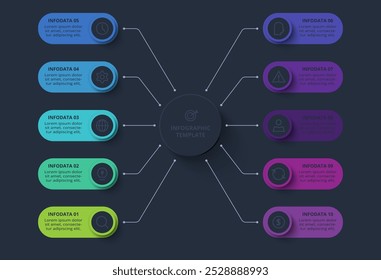 Strategiekonzept für die Infografik mit 10 Schritten, Optionen, Teilen oder Prozessen. Vorlage für Web auf schwarzem Hintergrund.