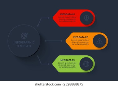 Concepto de estrategia para infografía con 3 pasos, opciones, partes o procesos. Plantilla para el Web sobre un fondo negro.