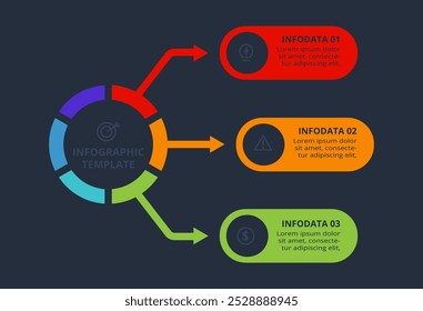 Concepto de estrategia para infografía con 3 pasos, opciones, partes o procesos. Plantilla para el Web sobre un fondo negro.