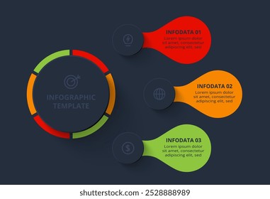 Concepto de estrategia para infografía con 3 pasos, opciones, partes o procesos. Plantilla para el Web sobre un fondo negro.