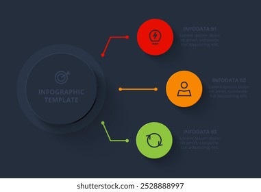 Concepto de estrategia para infografía con 3 pasos, opciones, partes o procesos. Plantilla para el Web sobre un fondo negro.