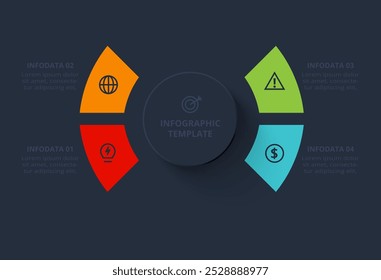Conceito de estratégia para infográfico com 4 etapas, opções, partes ou processos. Modelo para a Web em um plano de fundo preto.