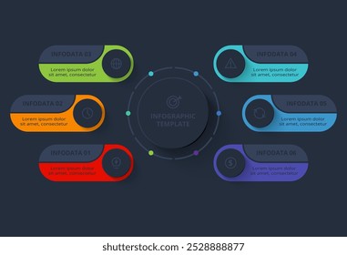 Strategiekonzept für die Infografik mit 6 Schritten, Optionen, Teilen oder Prozessen. Vorlage für Web auf schwarzem Hintergrund.