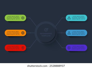 Strategy concept for infographic with 6 steps, options, parts or processes. Template for web on a black background.