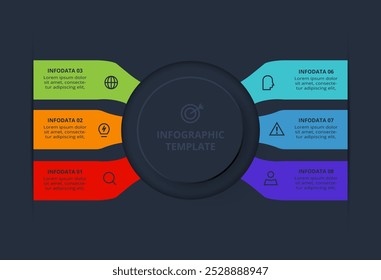 Strategy concept for infographic with 6 steps, options, parts or processes. Template for web on a black background.