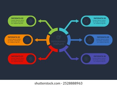 Strategy concept for infographic with 6 steps, options, parts or processes. Template for web on a black background.