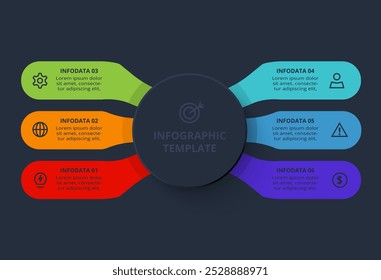 Strategy concept for infographic with 6 steps, options, parts or processes. Template for web on a black background.