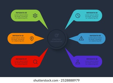 Strategiekonzept für die Infografik mit 6 Schritten, Optionen, Teilen oder Prozessen. Vorlage für Web auf schwarzem Hintergrund.