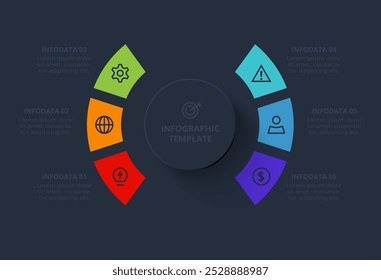 Strategiekonzept für die Infografik mit 6 Schritten, Optionen, Teilen oder Prozessen. Vorlage für Web auf schwarzem Hintergrund.