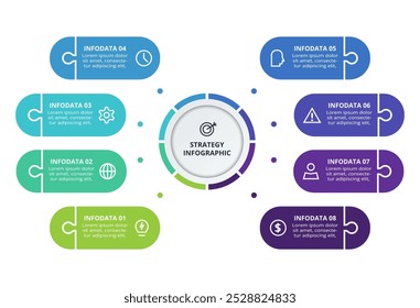 Strategiekonzept für die Infografik mit 8 Schritten, Optionen, Teilen oder Prozessen. Visualisierung von Geschäftsdaten.