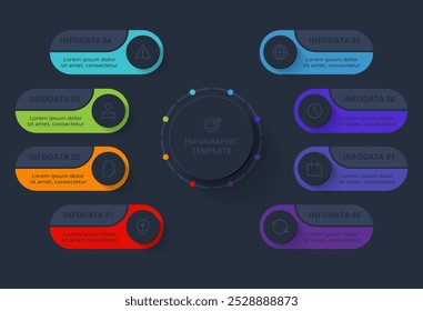 Conceito de estratégia para infográfico com 8 etapas, opções, partes ou processos. Modelo para a Web em um plano de fundo preto.