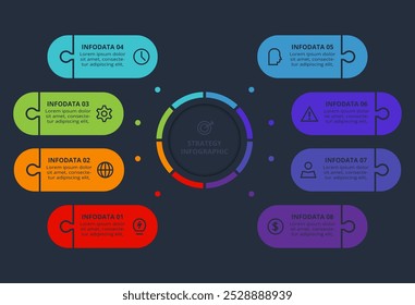 Conceito de estratégia para infográfico com 8 etapas, opções, partes ou processos. Modelo para a Web em um plano de fundo preto.