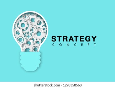 Strategy concept with light bulb gears and cogs working together, paper cut design vector