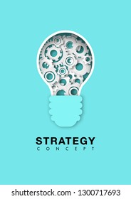Strategy concept with light bulb gears and cogs working together, paper cut design vector