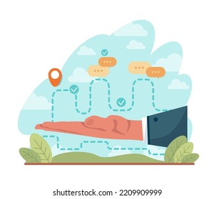 Strategy concept. Plan development towards success or victory. Idea of company promotion and profit growing. Management and marketing development. Flat vector illustration
