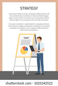Strategy concept poster with male worker making presentation near chart clipboard with note paper in hands vector illustration banner, place for text