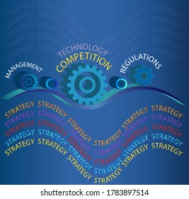 Strategiekonzept. Strategietext und Faktoren, die die Strategie beeinflussen, plus 3D-Zahnräder, die auf einer Welle rollen, um Turbulenzen oder Veränderungen zu veranschaulichen. 