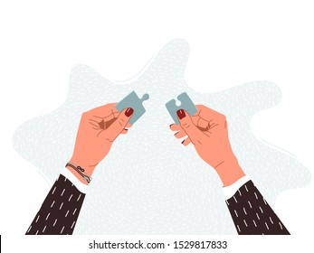 Strategy concept vector background. Two woman hands holding puzzle pieces. Join business solution. People teamwork idea illustration in cartoon simple flat creative style.