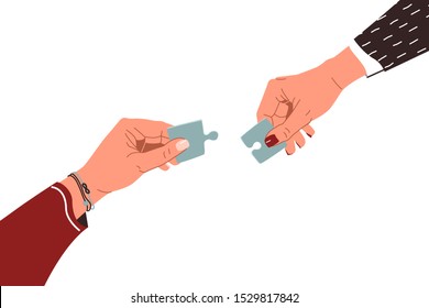 Strategy concept vector background. Two different woman hands holding puzzle pieces. Join business solution. People teamwork idea illustration in cartoon simple flat creative style.