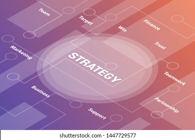 strategy concept words isometric 3d word text concept with some related text and dot connected - vector