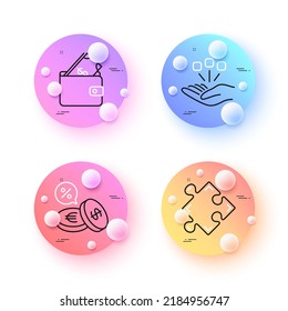 Strategy, Consolidation and Wallet minimal line icons. 3d spheres or balls buttons. Currency exchange icons. For web, application, printing. Puzzle, Strategy, Usd cash. Euro and usd. Vector